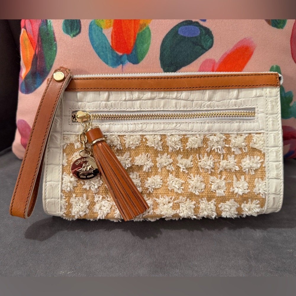 Brahmin Straw and Leather Millie Wristlet Clutch (White & Tan) - NWOT